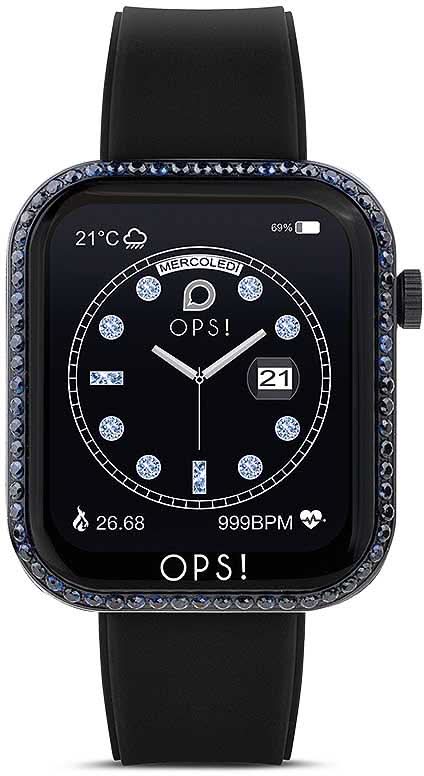 Smartwatch med svart silikonarmband, rund display och blåmönstrad boettring.