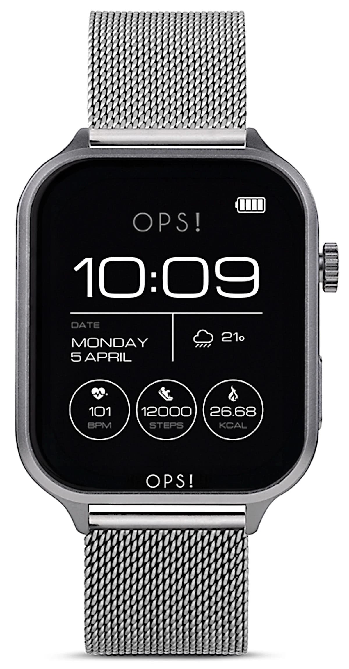Unisex smartklocka med silverfärgat mesh-armband och svart AMOLED-display