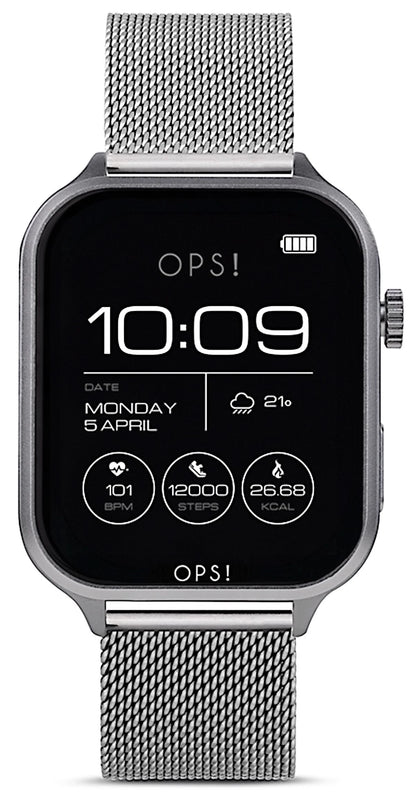Unisex smartklocka med silverfärgat mesh-armband och svart AMOLED-display