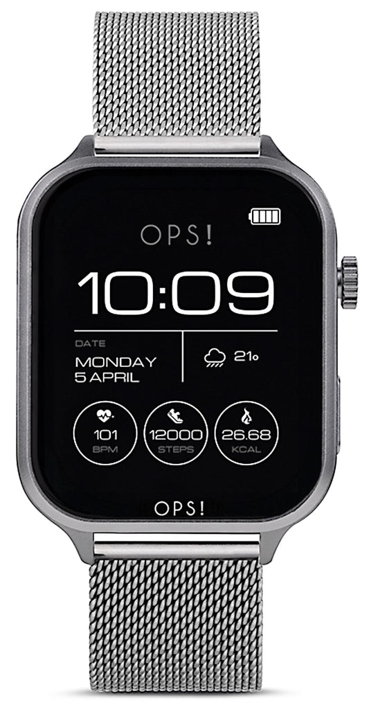 Unisex smartklocka med silverfärgat mesh-armband och svart AMOLED-display