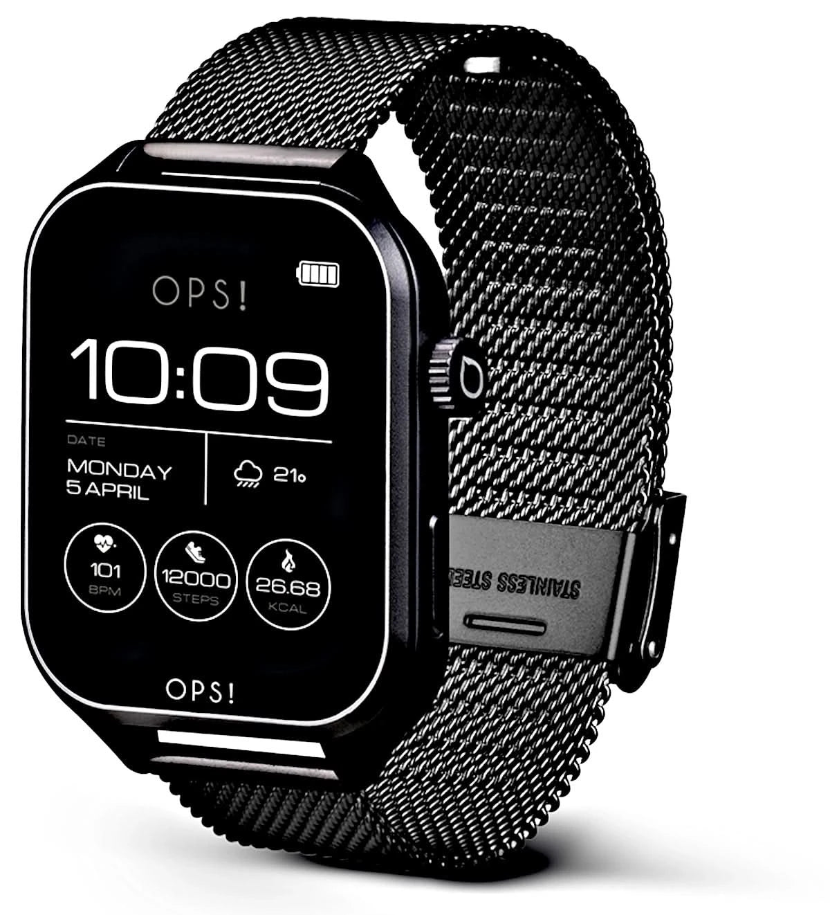 Unisex smartwatch i sidovy med svart display och textilmesharmband