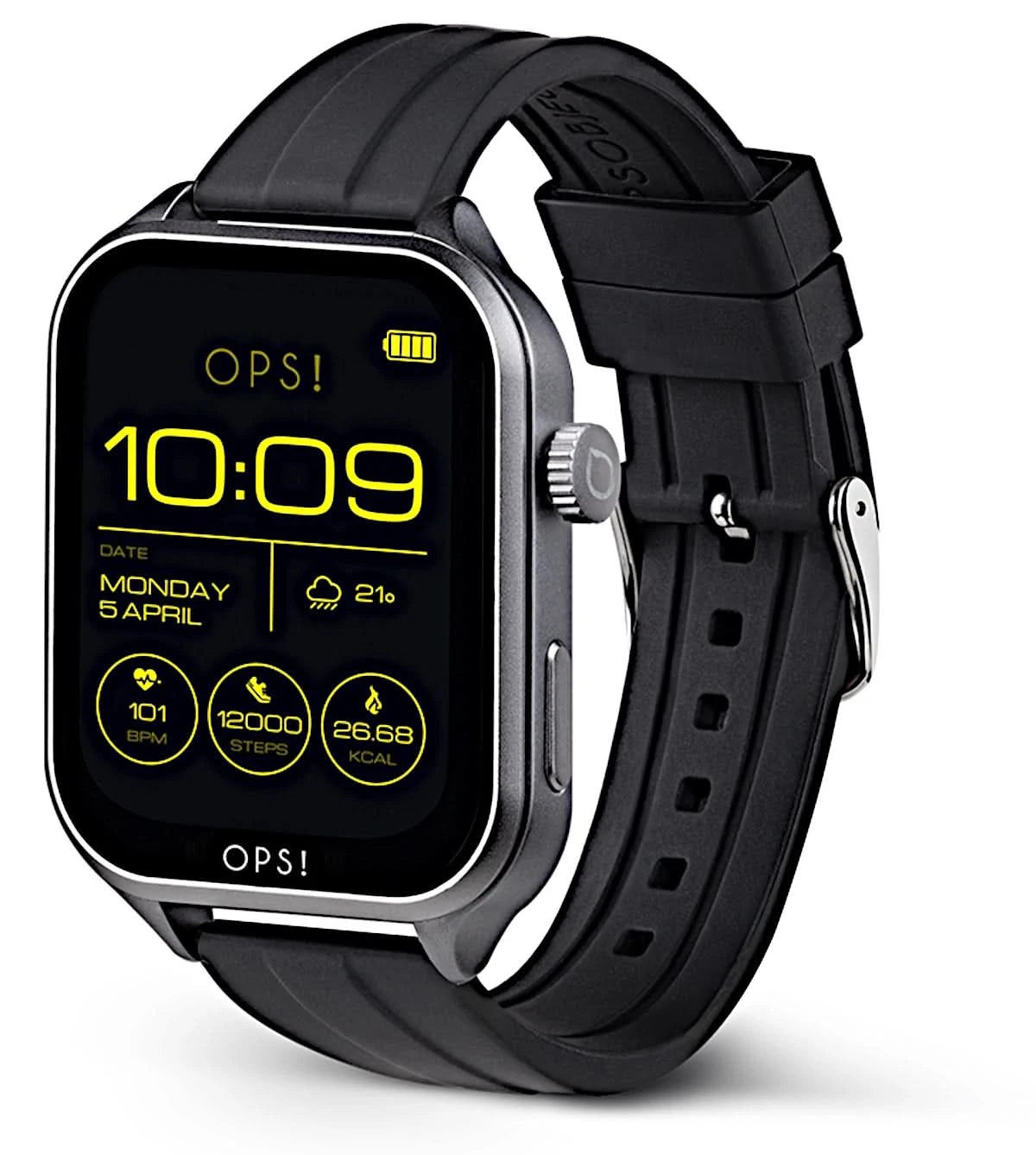 Unisex-smartwatch, sidovy, svart display och svart silikonarmband.