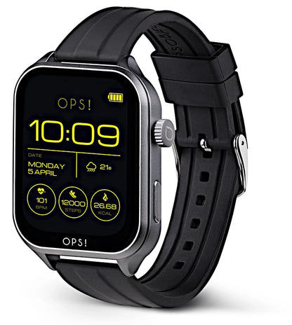 Unisex-smartwatch, sidovy, svart display och svart silikonarmband.