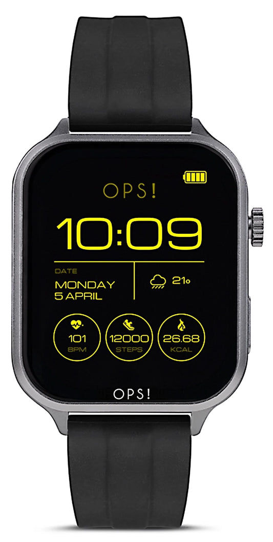 Unisex smartklocka med svart silikonarmband och svart urtavla, tid 10:09.