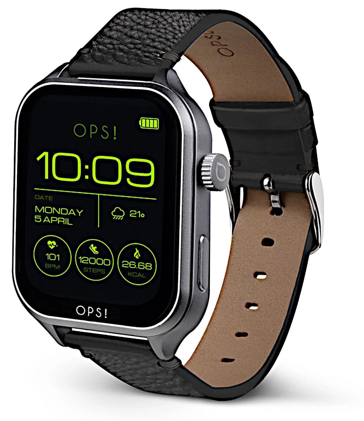 OPS! Smartwatch med sidoknappar och svart läderarmband, visar tiden 10:09