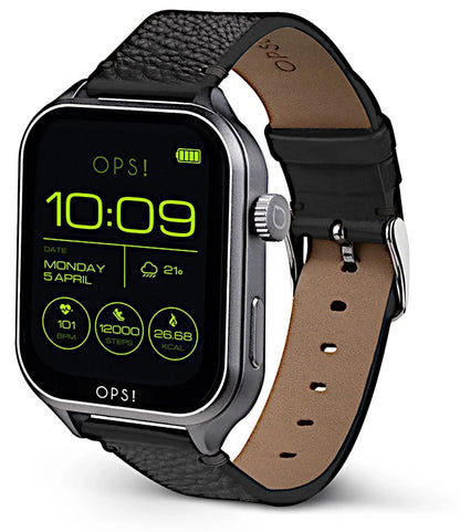 OPS! Smartwatch med sidoknappar och svart läderarmband, visar tiden 10:09