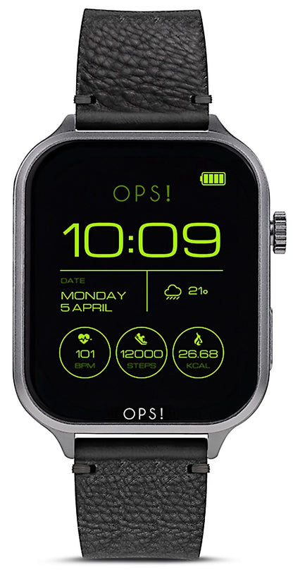 OPS! Smartklocka med svart urtavla, 10:09, svart läderarmband