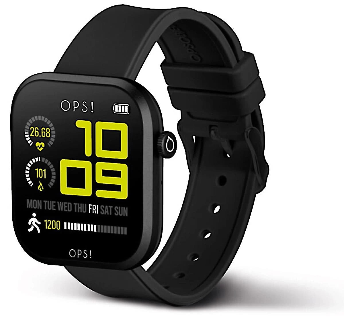 Unisex-smartwatch med svart display och brett silikonarmband, synliga sidoknappar