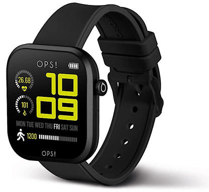 Unisex-smartwatch med svart display och brett silikonarmband, synliga sidoknappar
