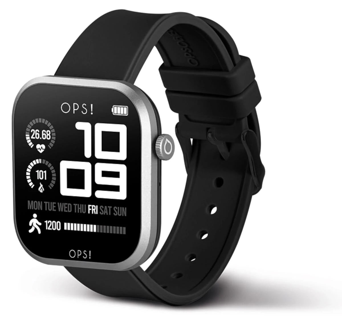 OPS!-Unisex-smartklocka med svart urtavla och svart silikonarmband, 3/4-vy