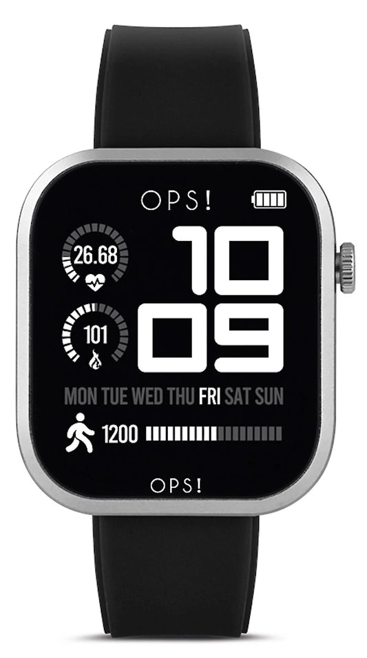 OPS!-Unisex-smartklocka med svart urtavla och svart silikonarmband