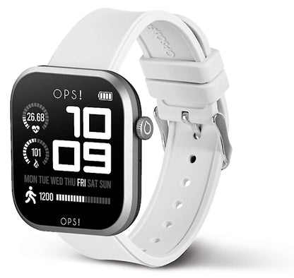 Smartklocka med svart urtavla och vitt silikonarmband, sedd från sidan