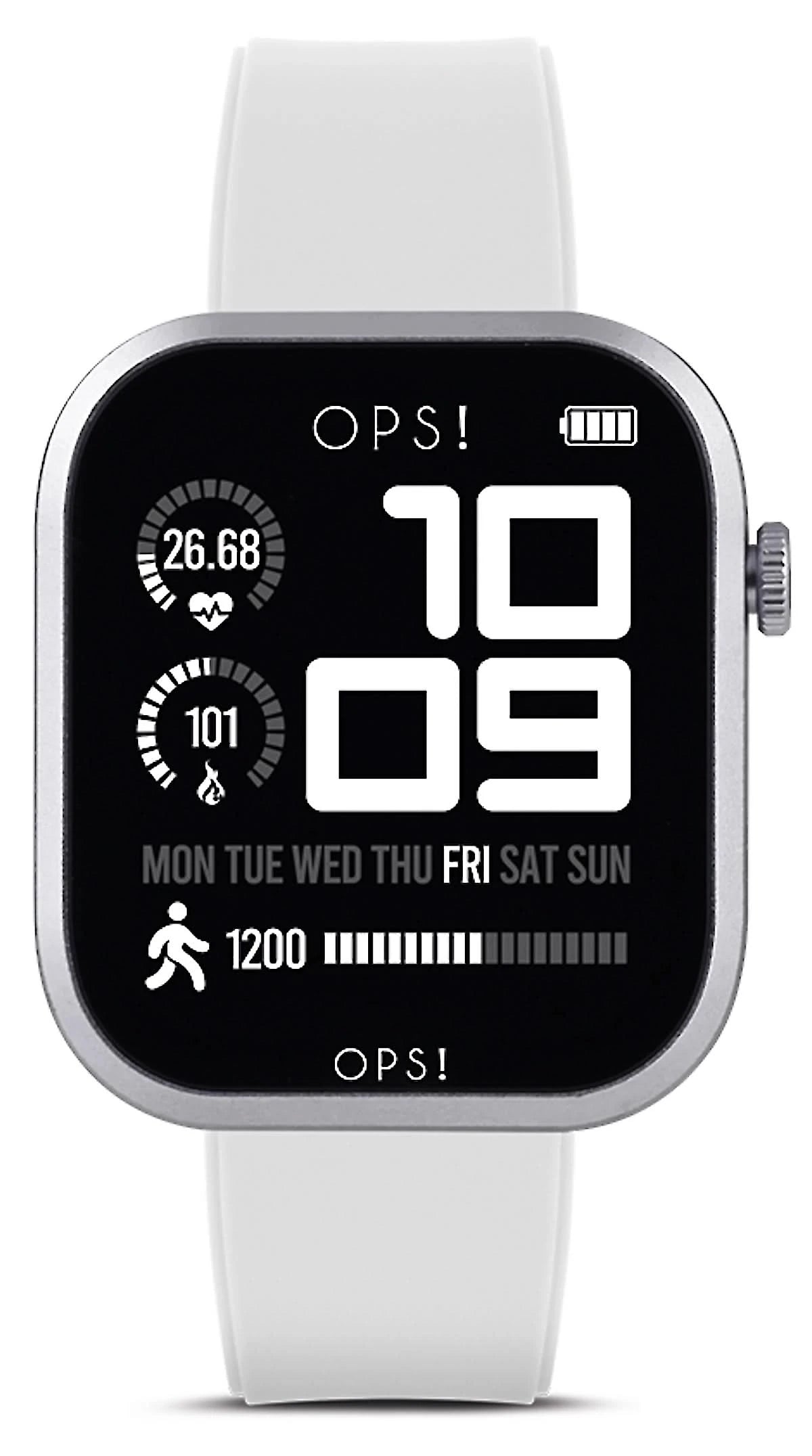 Smartklocka med svart urtavla och vitt silikonarmband, sidoknapp