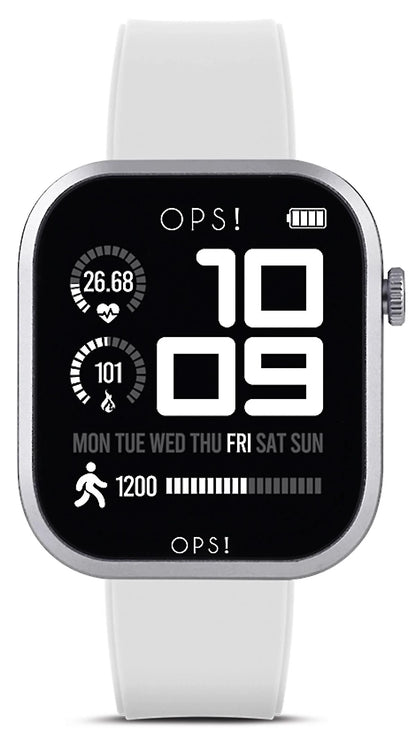 Smartklocka med svart urtavla och vitt silikonarmband, sidoknapp