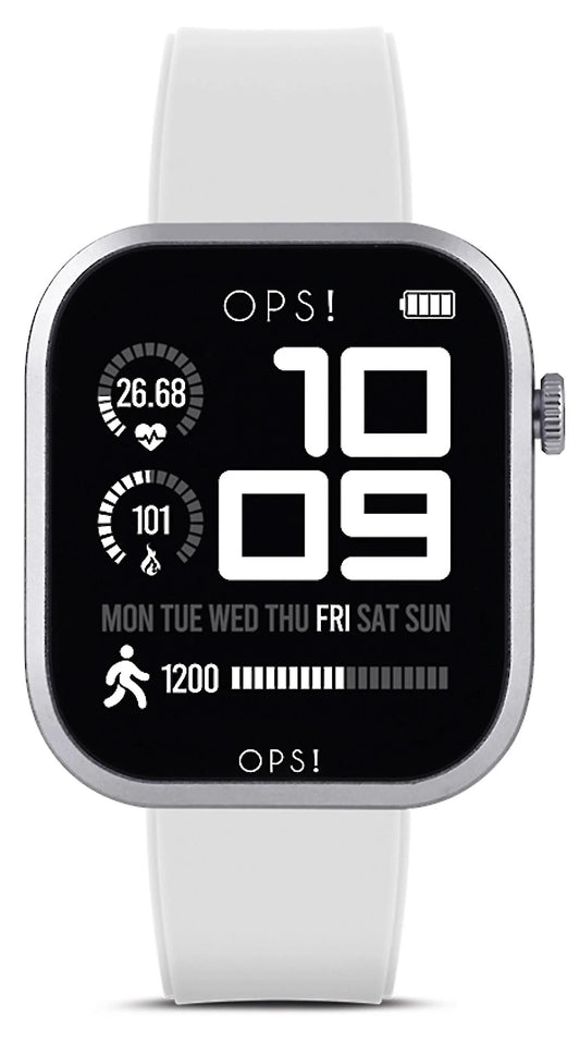 Smartklocka med svart urtavla och vitt silikonarmband, sidoknapp