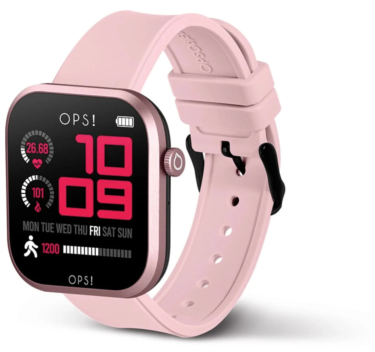 Smartwatch med rosa silikonarmband, sidoknapp och svart display