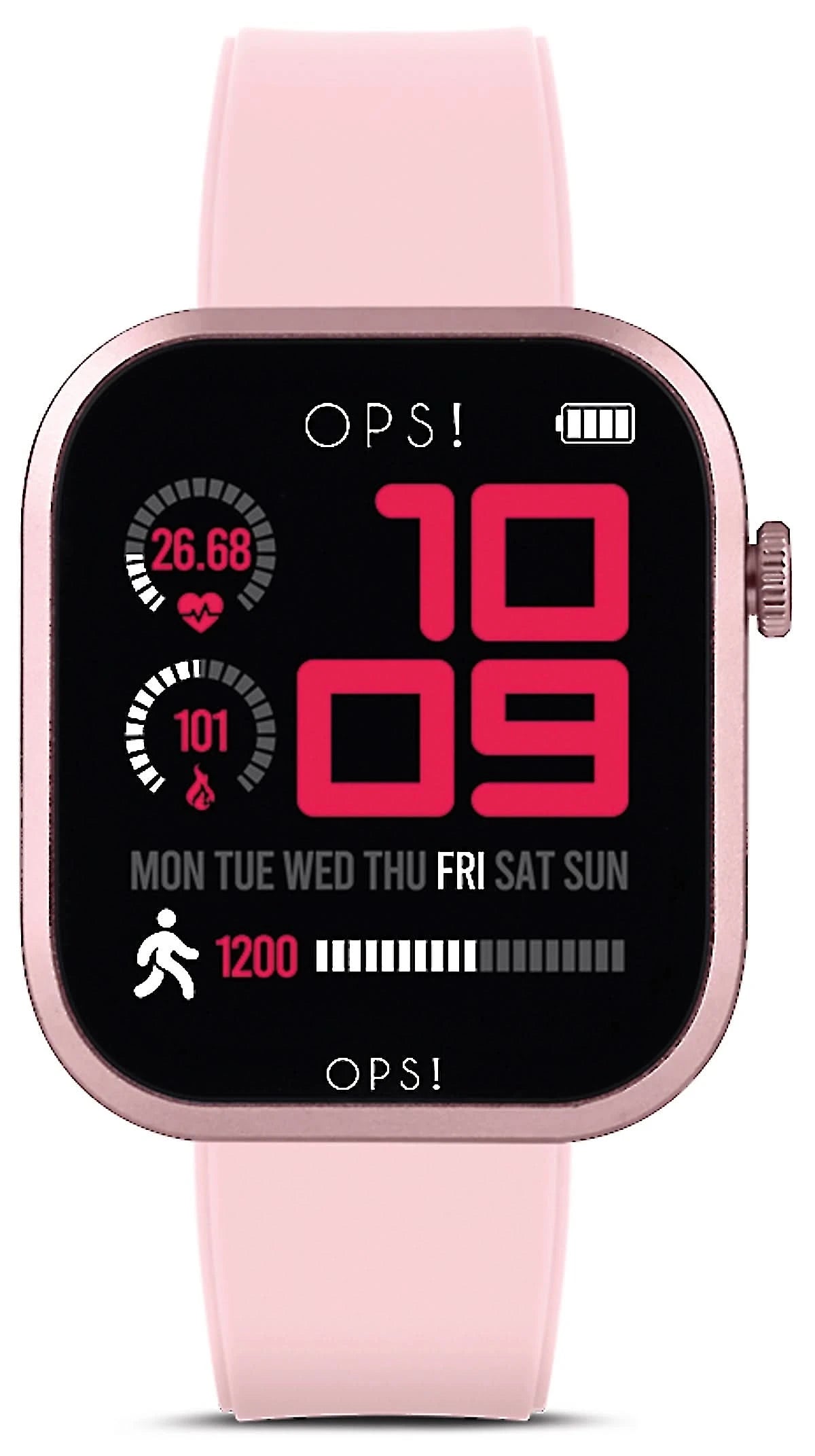 Smartwatch med boett i roséguld och rosa silikonarmband, digital display som visar tid