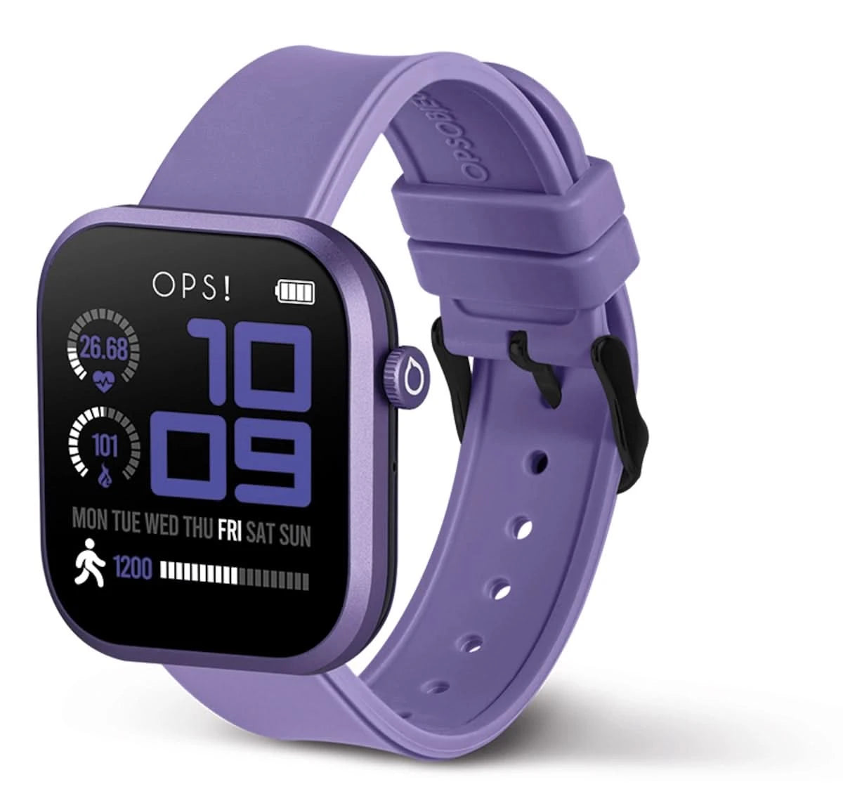 Smartklocka med lila silikonarmband, sidoknapp på boetten, rund skärm