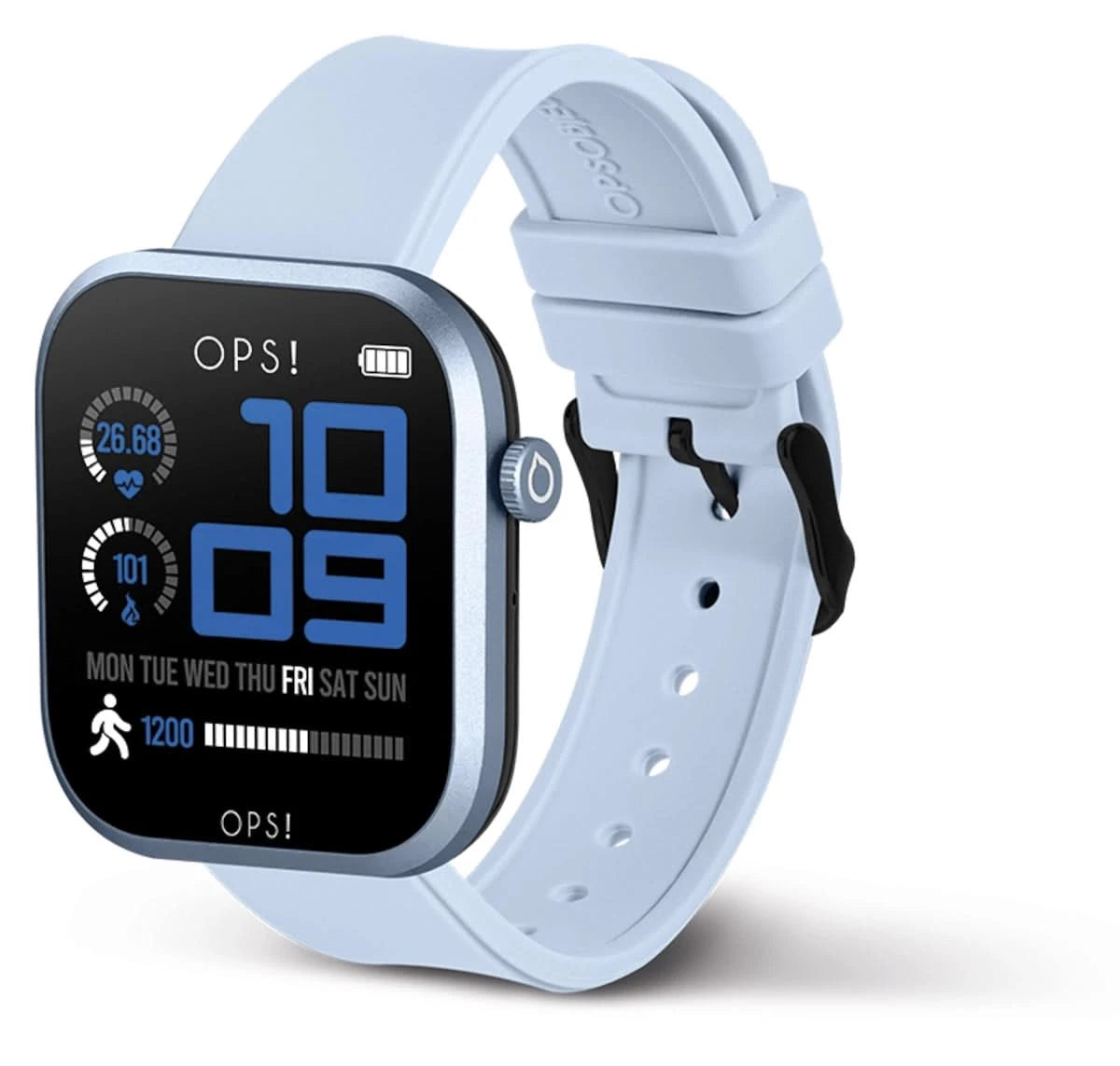 Unisex smartwatch med rund skärm och ljust armband, sidovy
