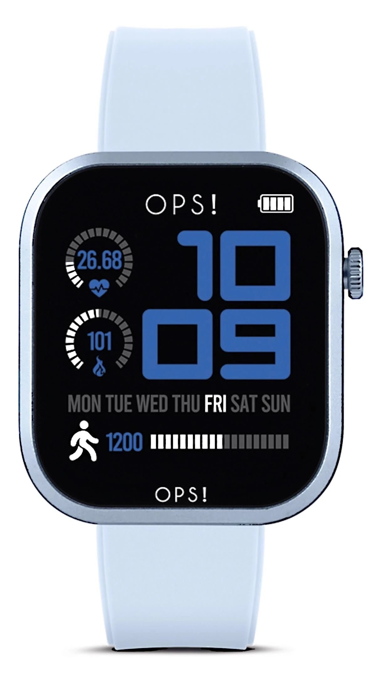 Unisex smartklocka med ljusblått silikonarmband och rund AMOLED-skärm