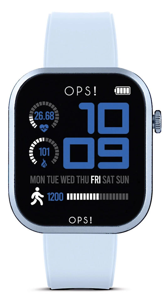 Unisex smartklocka med ljusblått silikonarmband och rund AMOLED-skärm
