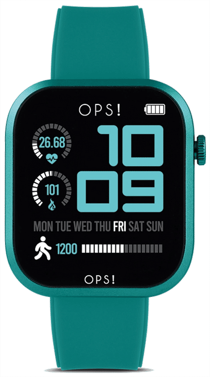 Smartklocka med runt turkost armband och digital display 10:09
