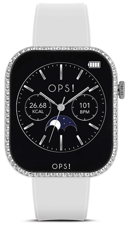 Unisex-smartwatch med svart display, vitt silikonarmband och ram med strass