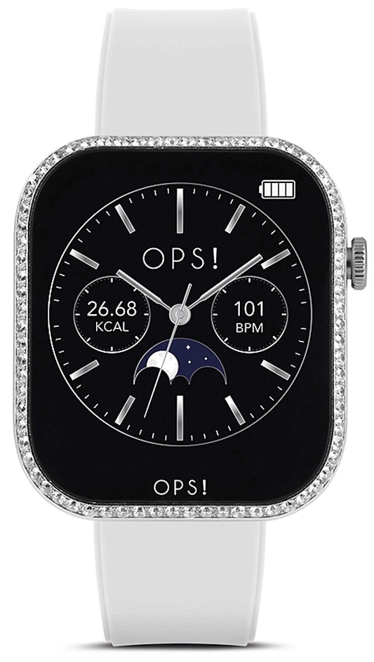 Unisex-smartwatch med svart display, vitt silikonarmband och ram med strass