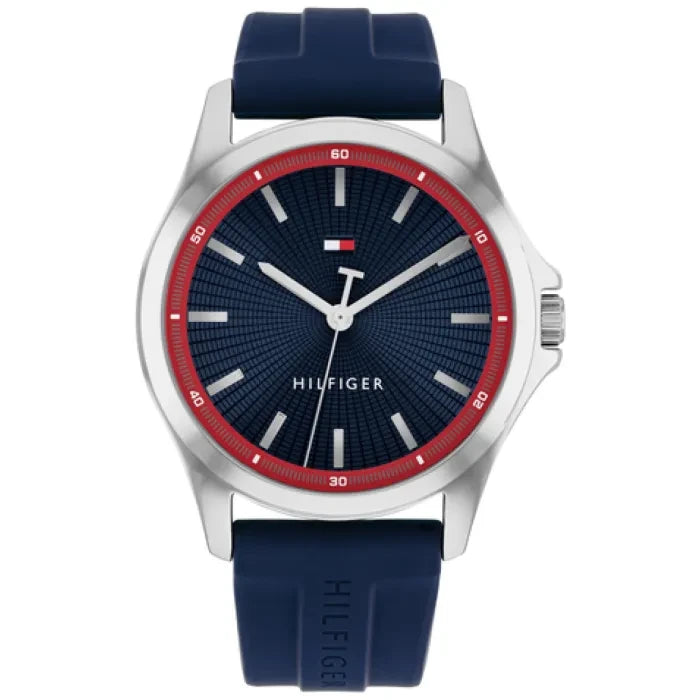 Herrenarmbanduhr mit rundem silbernem Gehäuse, blauem Silikonarmband und dunkelblauem Zifferblatt