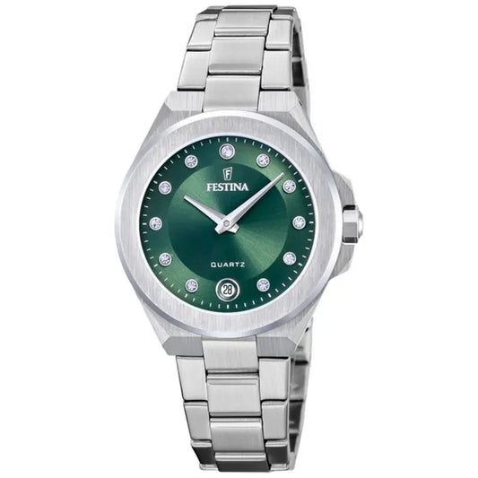 Damenarmbanduhr mit grünem Zifferblatt, Edelstahlarmband und Mineralglas