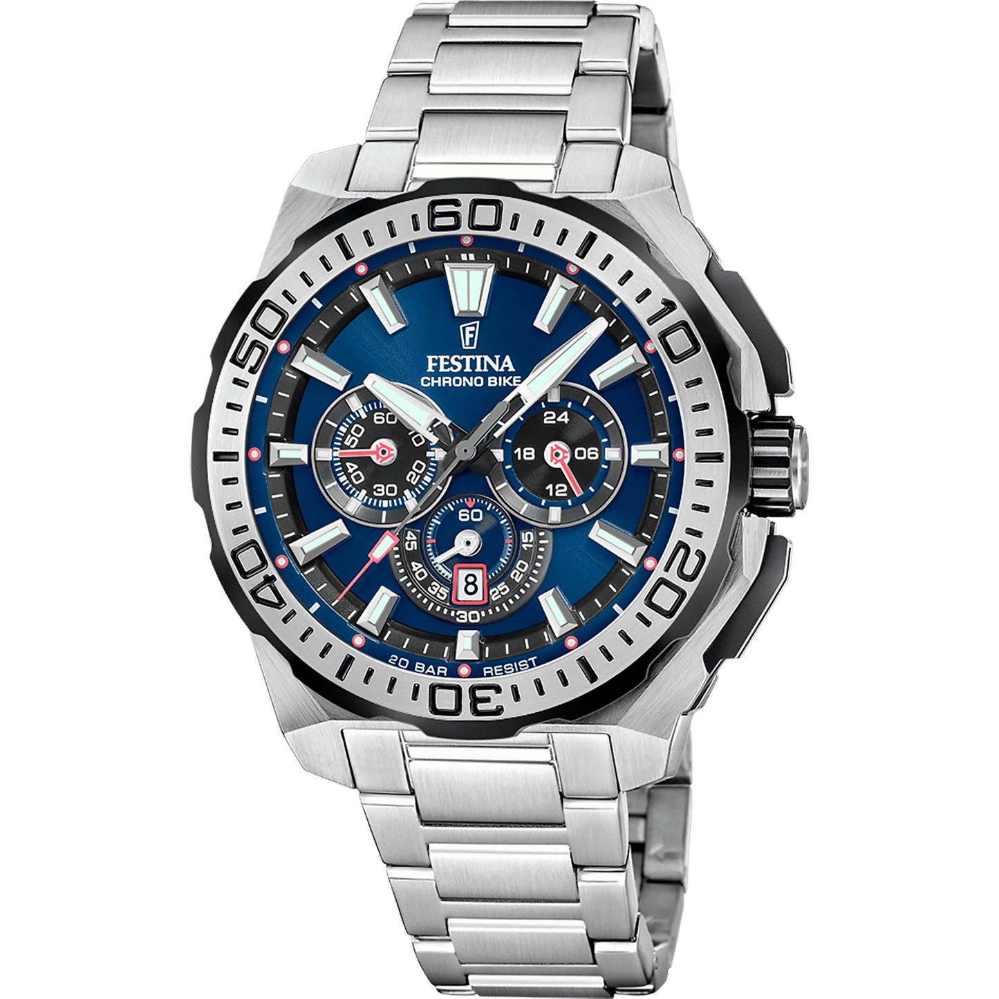 Festina Chrono Bike herrklocka med silverfärgat armband i rostfritt stål och blå kronografurtavla