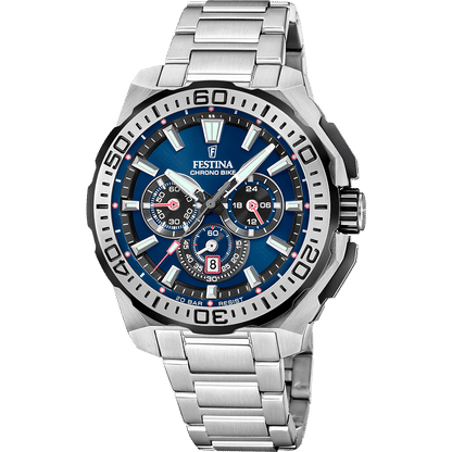 Festina Chrono Bike herrklocka med silverfärgat armband i rostfritt stål och blå kronografurtavla