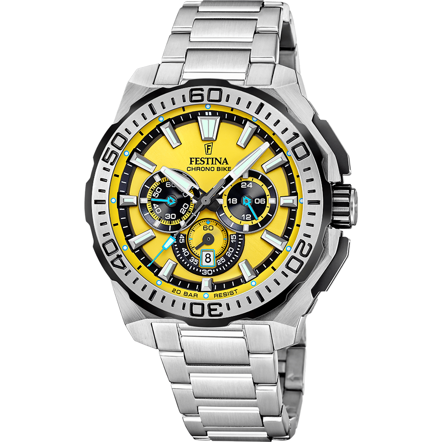 Festina kronograf för herrar med rostfritt stålarmband, gul urtavla och kronograf-subdials