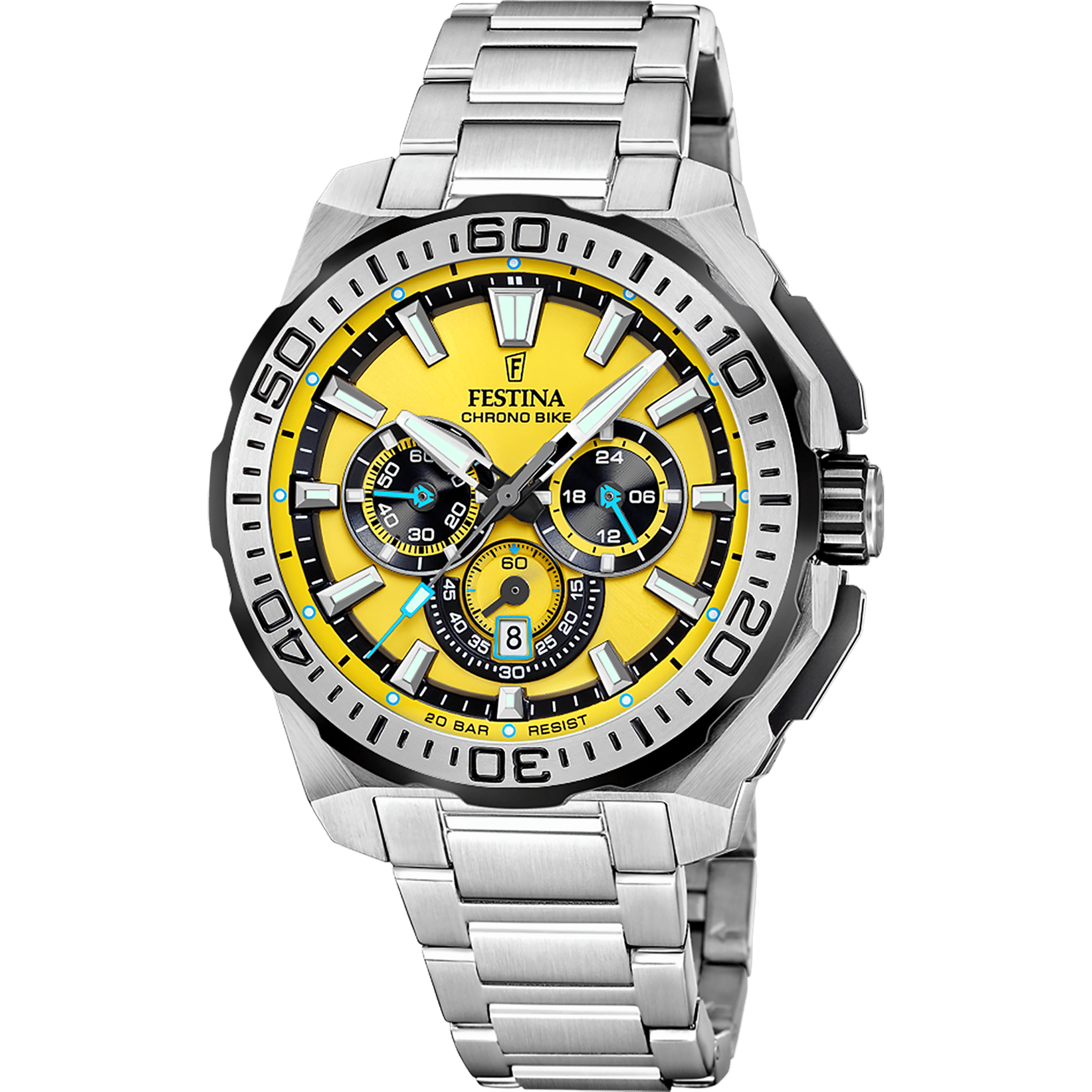 Festina kronograf för herrar med rostfritt stålarmband, gul urtavla och kronograf-subdials