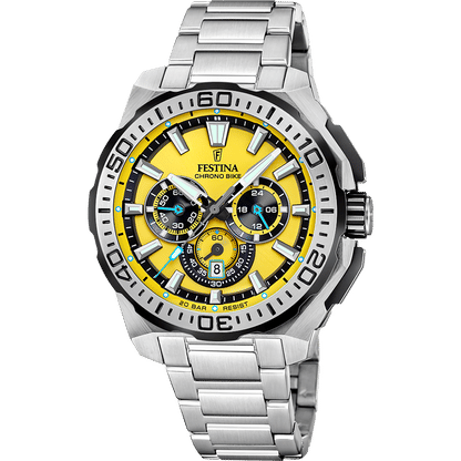 Festina kronograf för herrar med rostfritt stålarmband, gul urtavla och kronograf-subdials