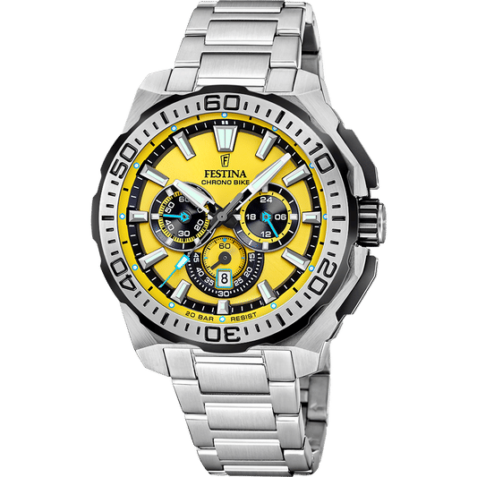 Festina kronograf för herrar med rostfritt stålarmband, gul urtavla och kronograf-subdials
