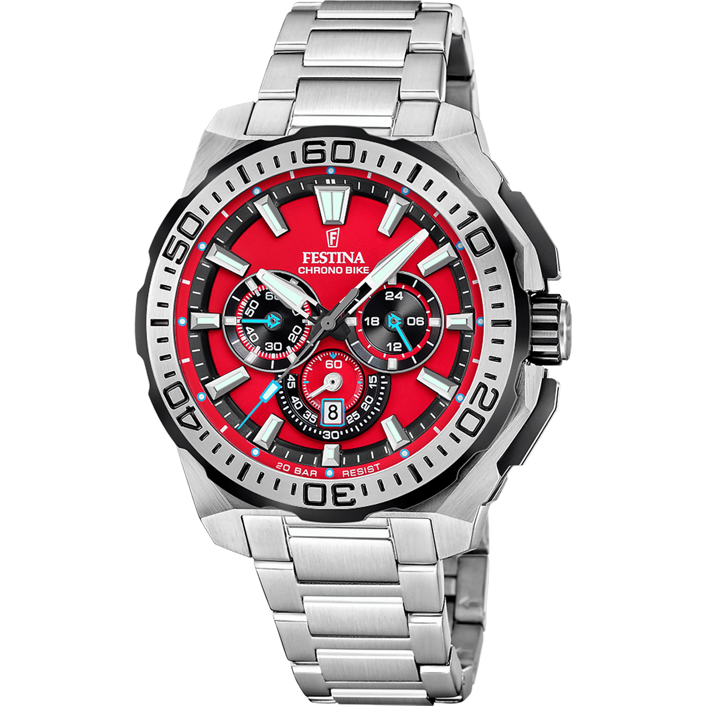 Festina herrklocka kronograf med silverfärgat armband i rostfritt stål och röd urtavla