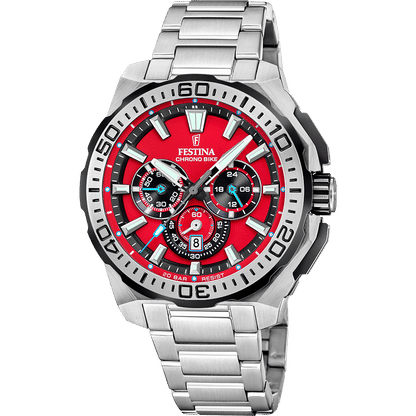Festina herrklocka kronograf med silverfärgat armband i rostfritt stål och röd urtavla