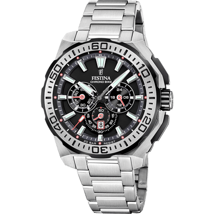 Festina Chrono-Bike herrklocka med silverfärgat metallarmband och svart urtavla