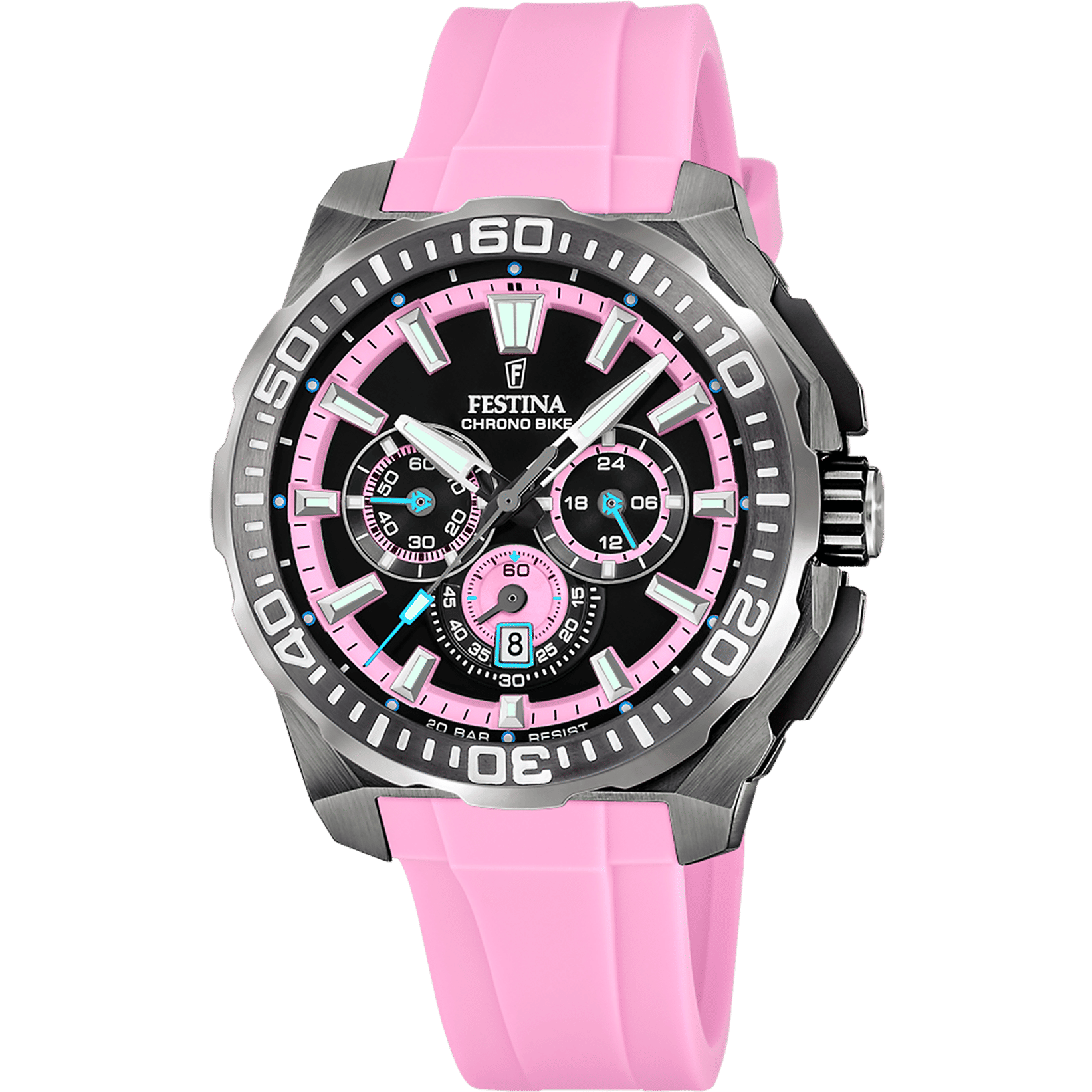 Kronografklocka för herrar med rosa silikonarmband, svart urtavla och boett i rostfritt stål.