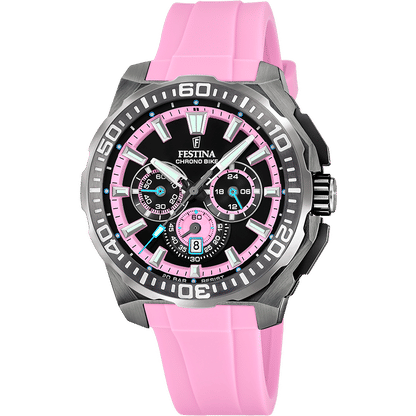 Kronografklocka för herrar med rosa silikonarmband, svart urtavla och boett i rostfritt stål.