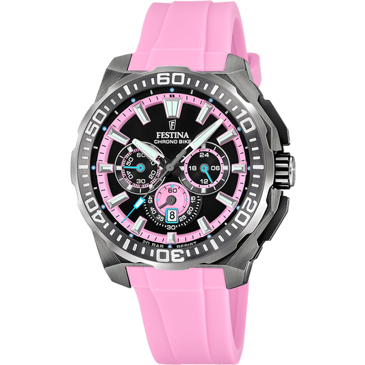 Kronografklocka för herrar med rosa silikonarmband, svart urtavla och boett i rostfritt stål.