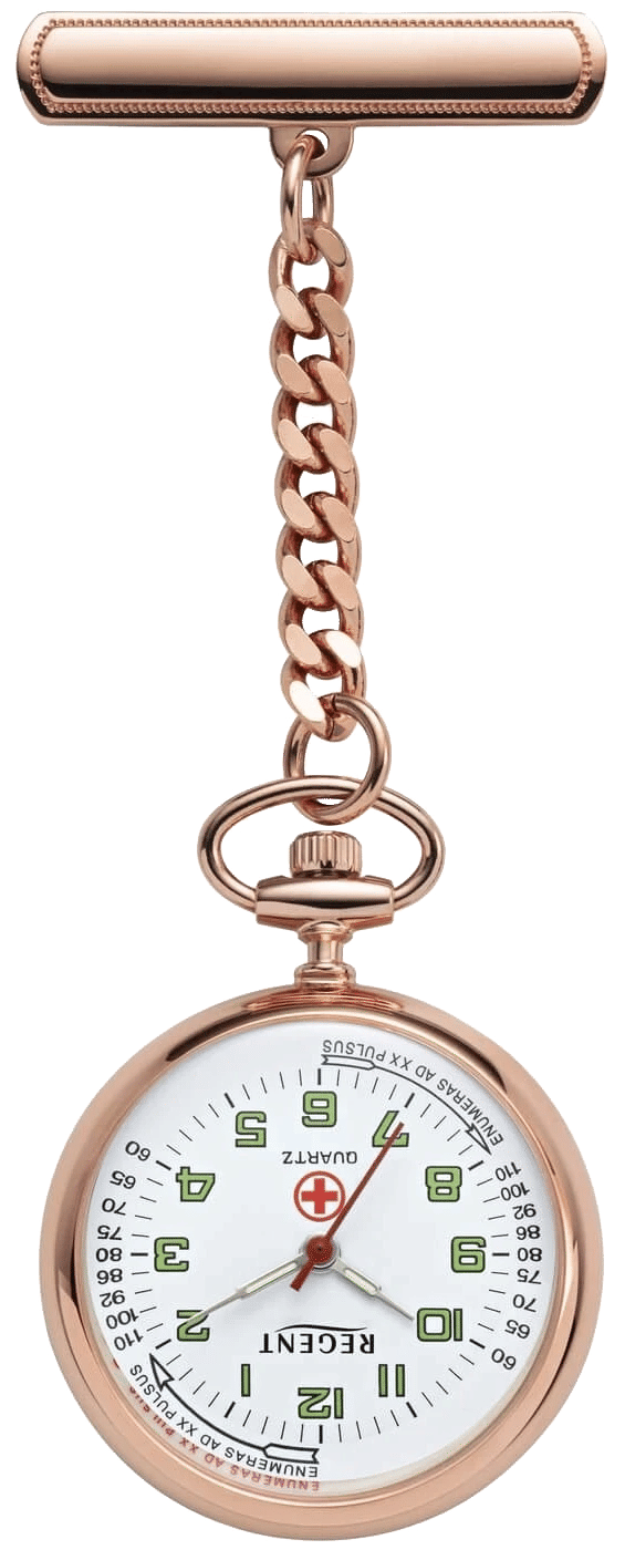 Fickur med rund urtavla, kedja och karbinhake; roséguldig finish