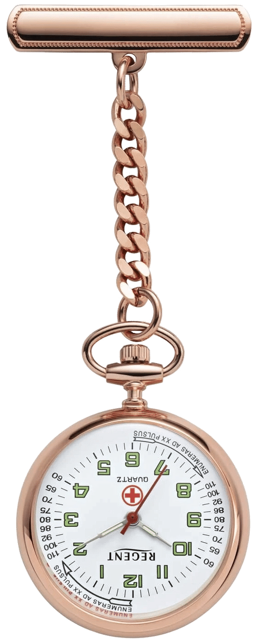 Fickur med rund urtavla, kedja och karbinhake; roséguldig finish