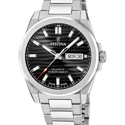 Męski zegarek na rękę Festina z czarną tarczą, czerwoną wskazówką sekundnika oraz datownikiem MON 30.