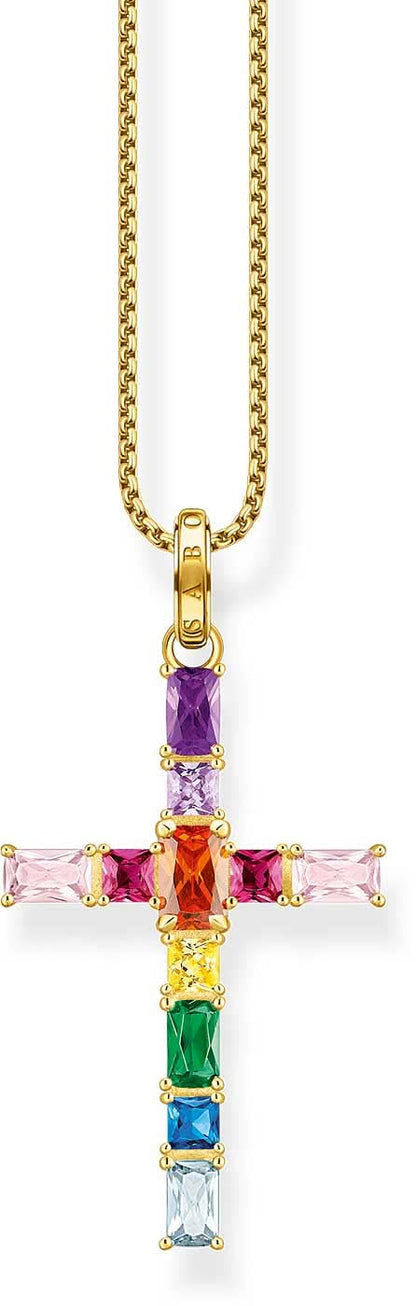 Korshänge med färgglada stenar på guldfärgat halsband