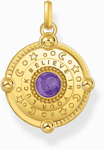 Thomas Sabo berlock baksida med lila cirkel och omgivande text