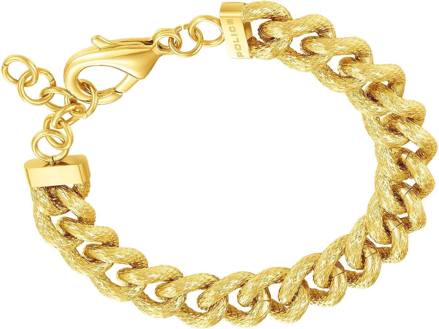 Guldfärgat pansararmband med karbinhake och märkesplakett på länken