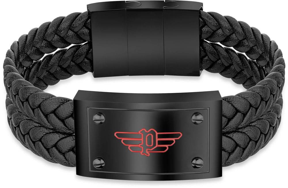 VALORIOUS läderarmband svart: flätat läder med svart spänne och röd logotyp.
