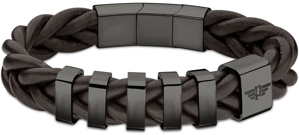 Armband med flätat mörkt band och silverfärgade metallänkar, rektangulär bricka